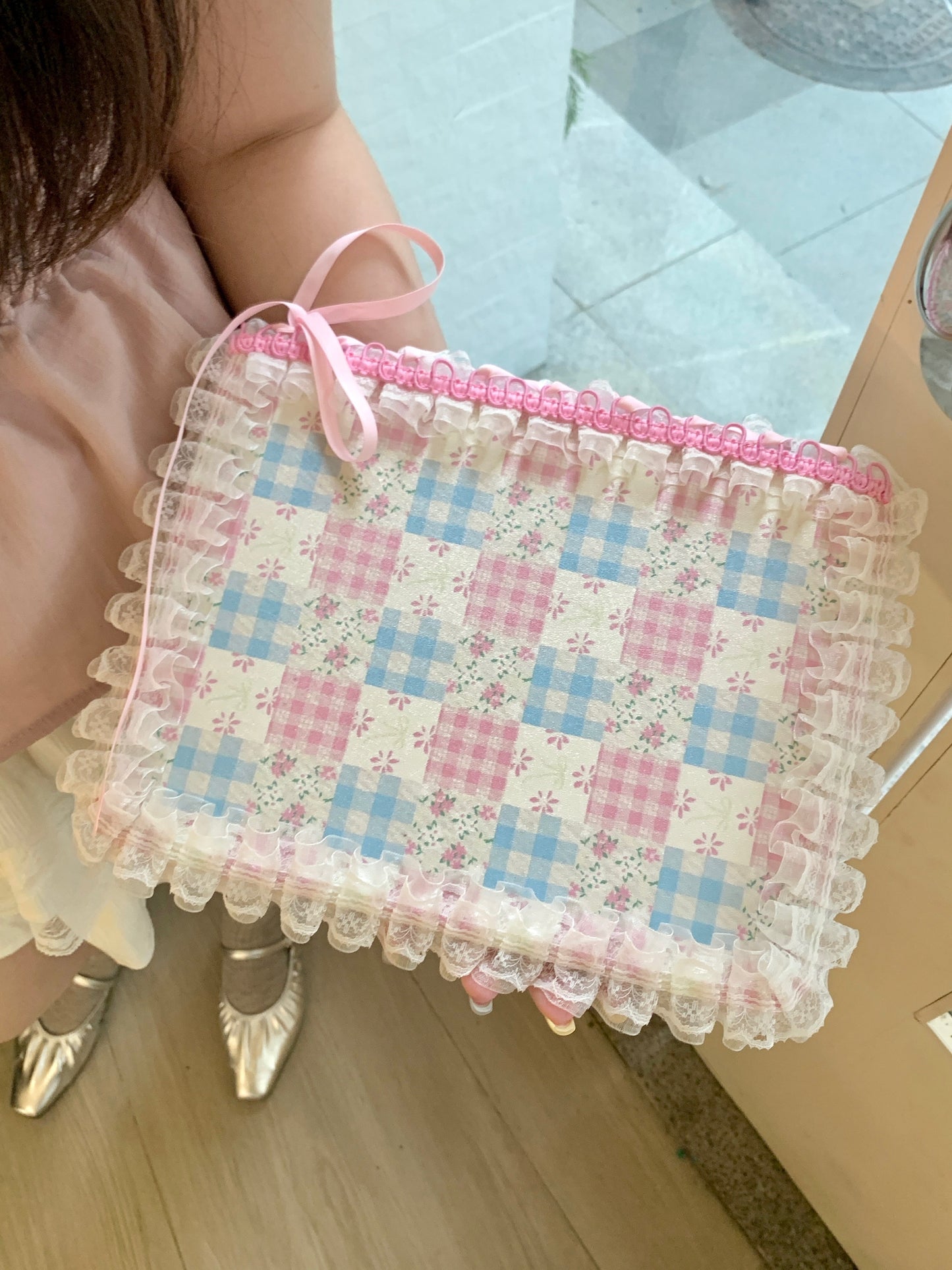 Rynx | Pastel Gingham Lace iPad Case – Pink & Blue Flower Stand Cover with Ruffle Hem