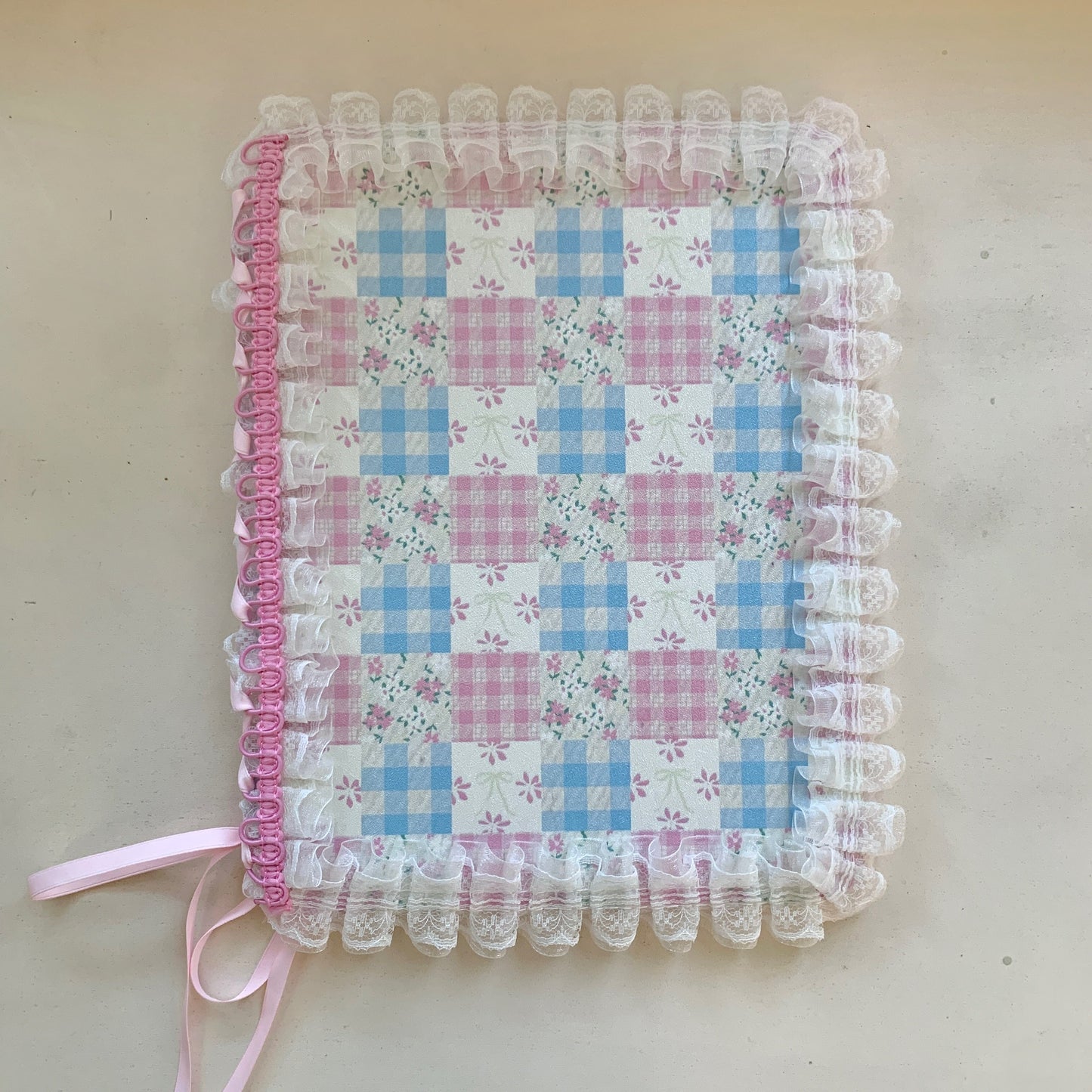 Rynx | Pastel Gingham Lace iPad Case – Pink & Blue Flower Stand Cover with Ruffle Hem