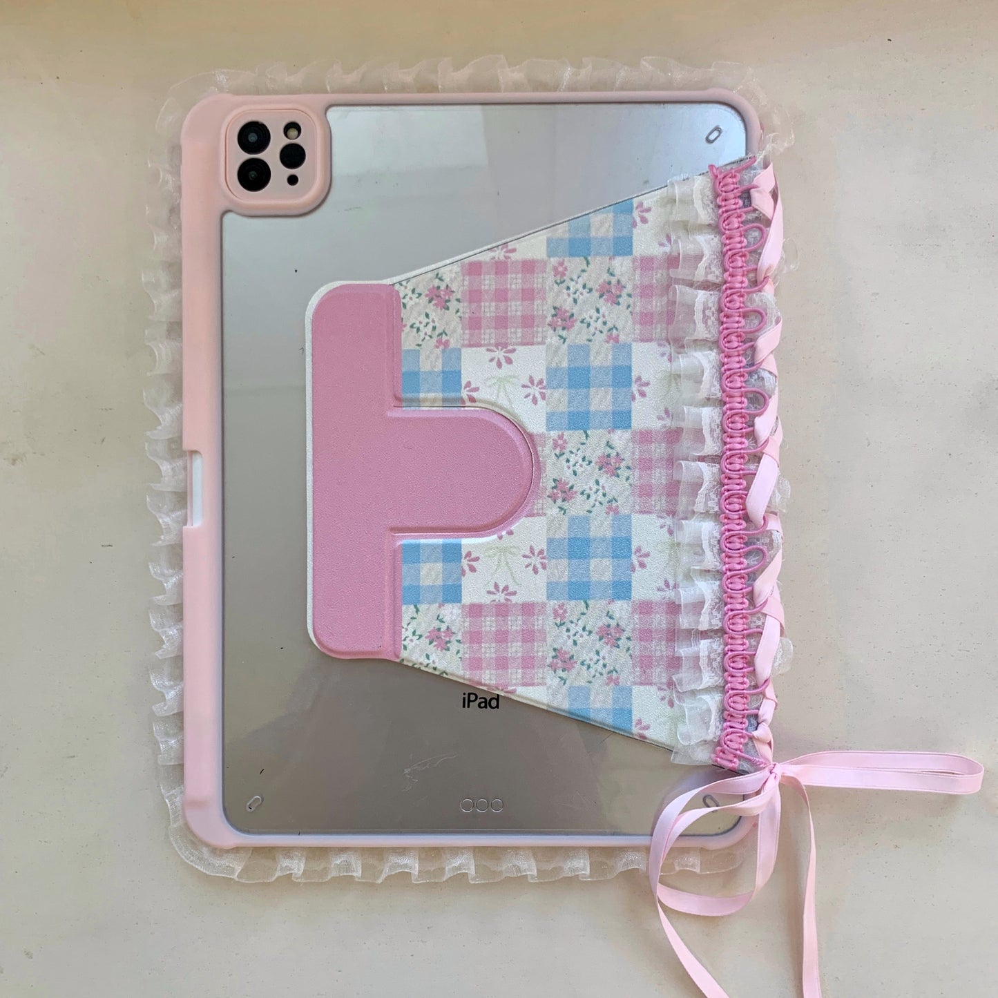 Rynx | Pastel Gingham Lace iPad Case – Pink & Blue Flower Stand Cover with Ruffle Hem