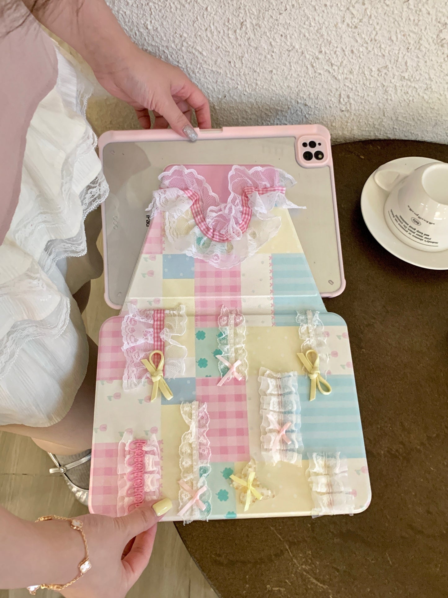 Rynx | Pastel Patchwork Lace iPad Case – Sweet Bows, Stand Case