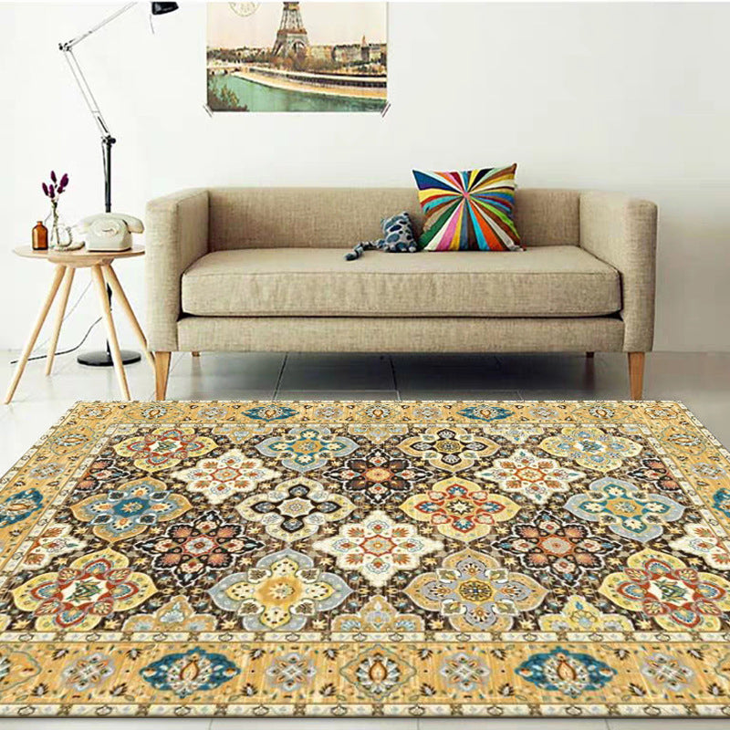 Rynx | Persian Quatrefoil Patterned Rug Gold Polypropylene Area Carpet Machine Washable Stain Resistant Anti-Slip Backing Rug for Living Room