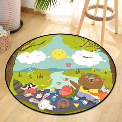 Rynx | Cute Animal Picnic Drawing Carpet Multi-Color Children's Art Carpet Synthetic Non-Slip Machine Washable Stain Resistant Carpet for Children's Room