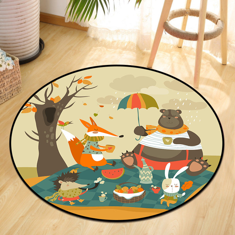 Rynx | Cute Animal Picnic Drawing Carpet Multi-Color Children's Art Carpet Synthetic Non-Slip Machine Washable Stain Resistant Carpet for Children's Room