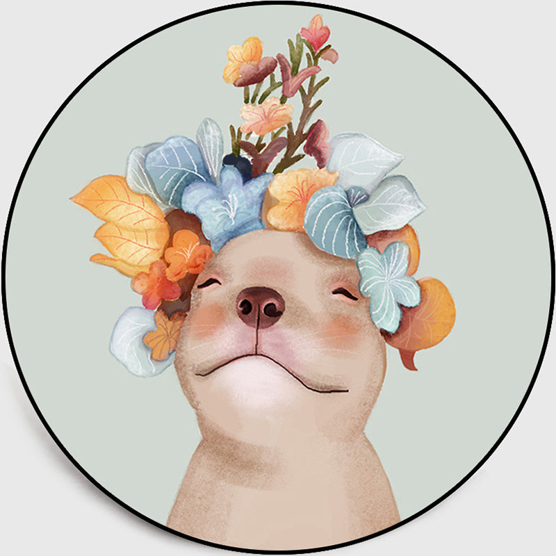 Rynx | Pastel color children's room rug Nordic dog with wreath portrait rug polyester non-slip back washable pet-friendly rug