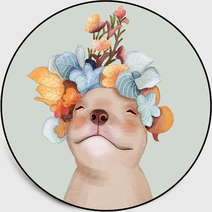 Rynx | Pastel color children's room rug Nordic dog with wreath portrait rug polyester non-slip back washable pet-friendly rug