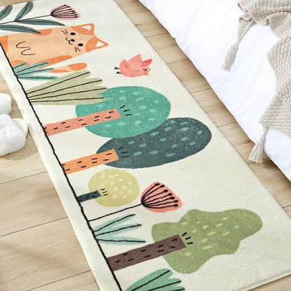 Rynx | Green Children's Carpet Synthetic Cat in the Forest Pattern Carpet Pet Friendly Machine Washable Non-Slip Back Carpet for Bedroom