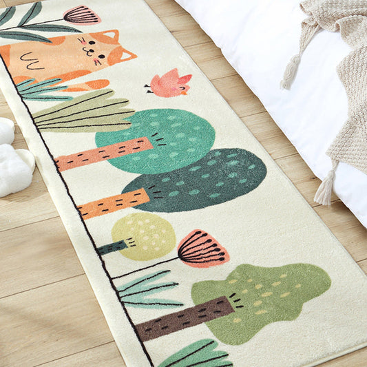 Rynx | Green Children's Carpet Synthetic Cat in the Forest Pattern Carpet Pet Friendly Machine Washable Non-Slip Back Carpet for Bedroom