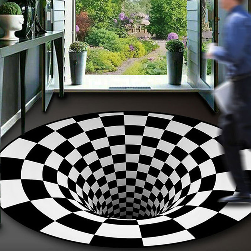 Rynx | Black-White Creative Carpet Polyester Optical Illusions Vortex Area Rug Pet Friendly Washable Non-Slip Rug for Hall