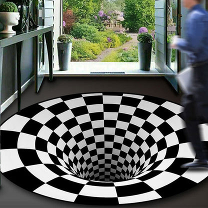 Rynx | Black-White Creative Carpet Polyester Optical Illusions Vortex Area Rug Pet Friendly Washable Non-Slip Rug for Hall