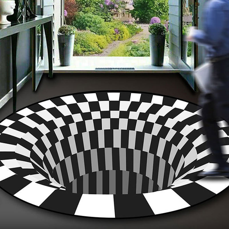 Rynx | Black-White Creative Carpet Polyester Optical Illusions Vortex Area Rug Pet Friendly Washable Non-Slip Rug for Hall