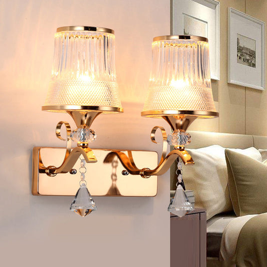 Rynx | Vintage Style Bell Wall Light Clear Glass 2 Lights Bedroom Gold Finish Wall Lamp with Crystal Accent