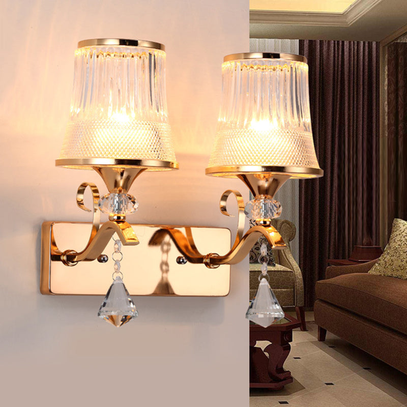 Rynx | Vintage Style Bell Wall Light Clear Glass 2 Lights Bedroom Gold Finish Wall Lamp with Crystal Accent