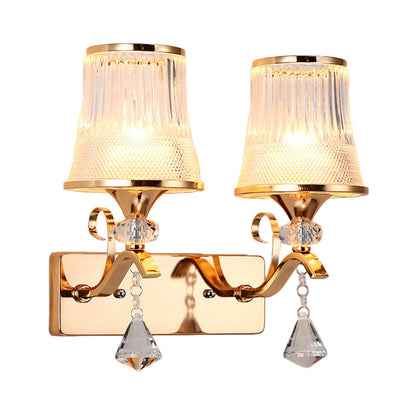 Rynx | Vintage Style Bell Wall Light Clear Glass 2 Lights Bedroom Gold Finish Wall Lamp with Crystal Accent