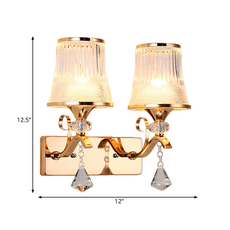 Rynx | Vintage Style Bell Wall Light Clear Glass 2 Lights Bedroom Gold Finish Wall Lamp with Crystal Accent