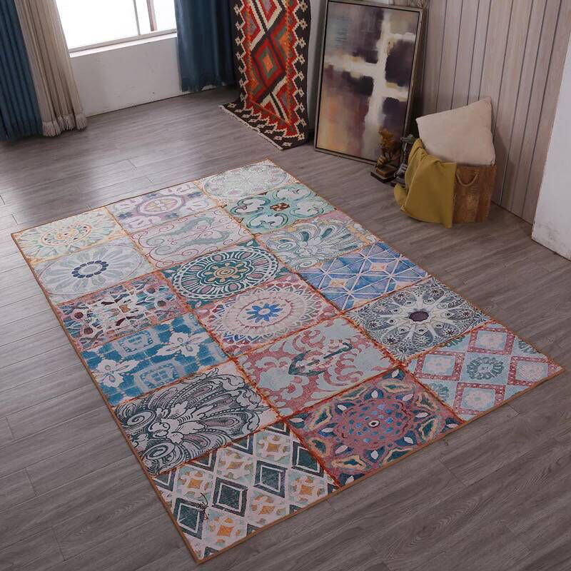 Rynx | Multicolored living room rug Moroccan patchwork printed rug Synthetic non-slip backing pet-friendly stain-resistant rug