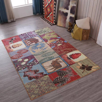 Rynx | Multicolored living room rug Moroccan patchwork printed rug Synthetic non-slip backing pet-friendly stain-resistant rug