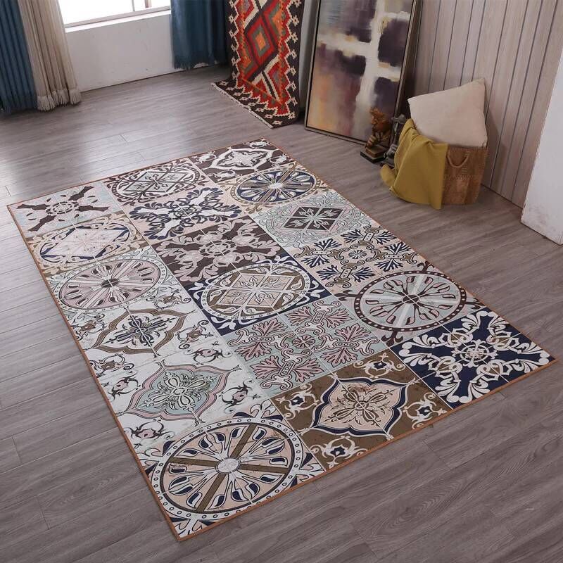 Rynx | Multicolored living room rug Moroccan patchwork printed rug Synthetic non-slip backing pet-friendly stain-resistant rug