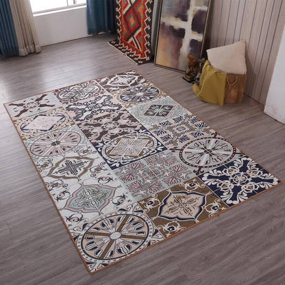 Rynx | Multicolored living room rug Moroccan patchwork printed rug Synthetic non-slip backing pet-friendly stain-resistant rug