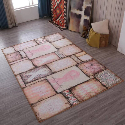 Rynx | Multicolored living room rug Moroccan patchwork printed rug Synthetic non-slip backing pet-friendly stain-resistant rug
