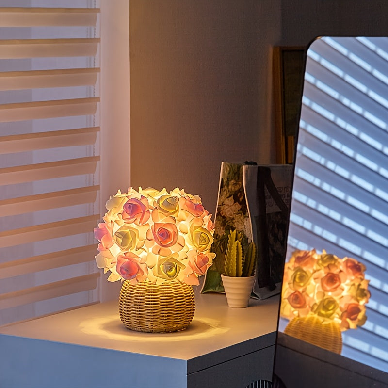 Rynx | FloraGlow - Art Deco USB Rose Table Lamp with Polished Base and Light Bulb