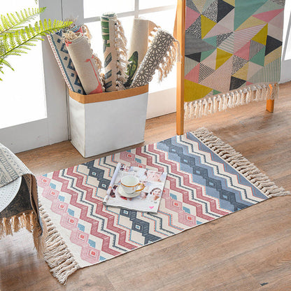 Rynx | Retro Multi Color Moroccan Rug Cotton Blend Tribal Symbols Carpet Machine Washable Rug with Tassel for Room