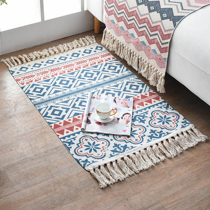 Rynx | Retro Multi Color Moroccan Rug Cotton Blend Tribal Symbols Carpet Machine Washable Rug with Tassel for Room