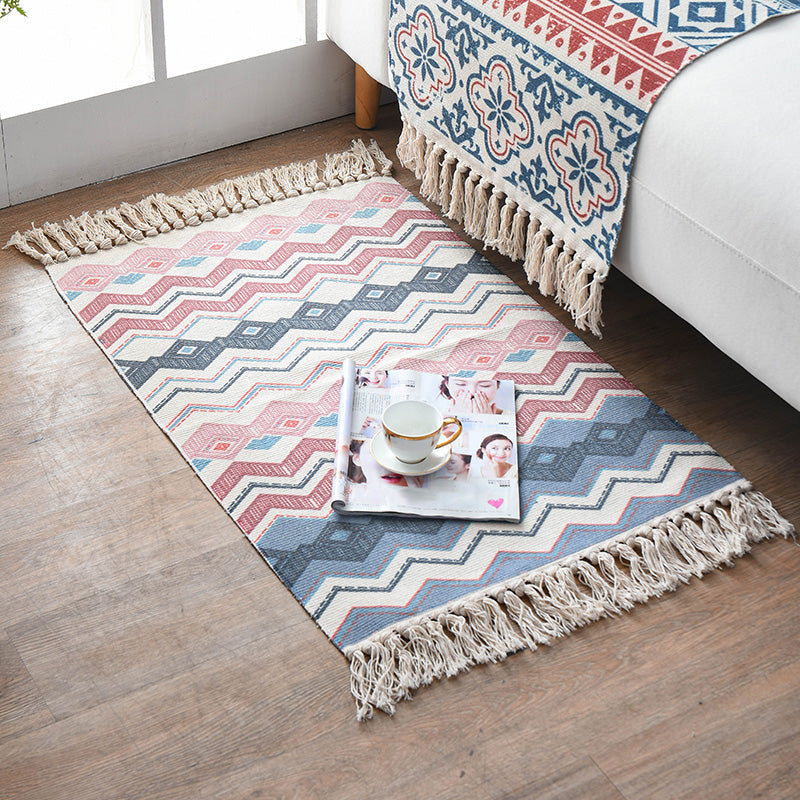 Rynx | Retro Multi Color Moroccan Rug Cotton Blend Tribal Symbols Carpet Machine Washable Rug with Tassel for Room