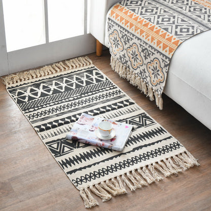 Rynx | Western Bedroom Carpet Multicolored geometric print rug cotton blend machine washable easy care with fringes