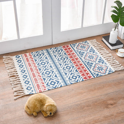 Rynx | Western Bedroom Carpet Multicolored geometric print rug cotton blend machine washable easy care with fringes
