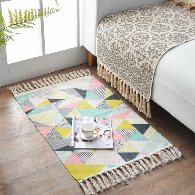 Rynx | Western Bedroom Carpet Multicolored geometric print rug cotton blend machine washable easy care with fringes