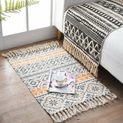 Rynx | Western Bedroom Carpet Multicolored geometric print rug cotton blend machine washable easy care with fringes