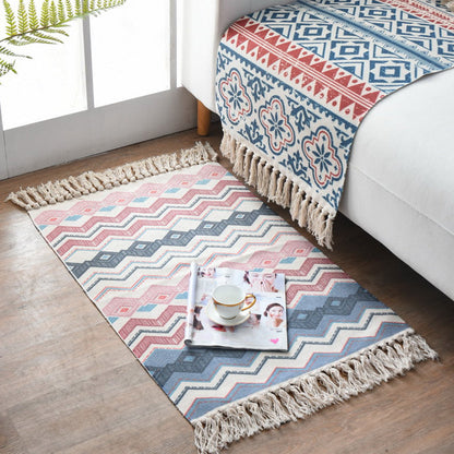 Rynx | Western Bedroom Carpet Multicolored geometric print rug cotton blend machine washable easy care with fringes