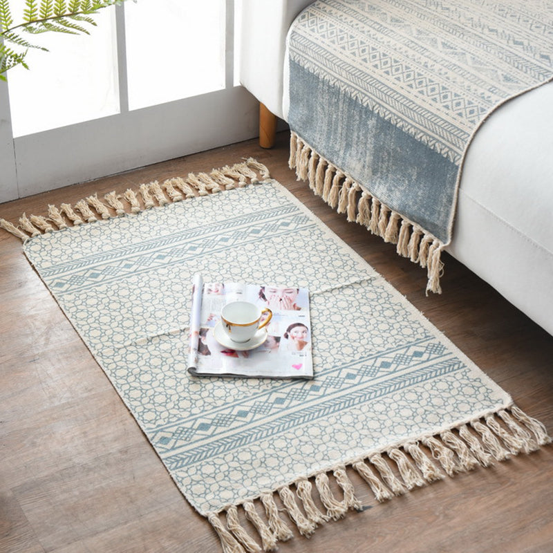 Rynx | Western Bedroom Carpet Multicolored geometric print rug cotton blend machine washable easy care with fringes