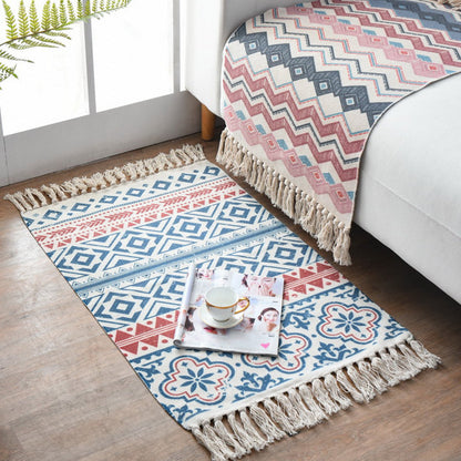 Rynx | Western Bedroom Carpet Multicolored geometric print rug cotton blend machine washable easy care with fringes