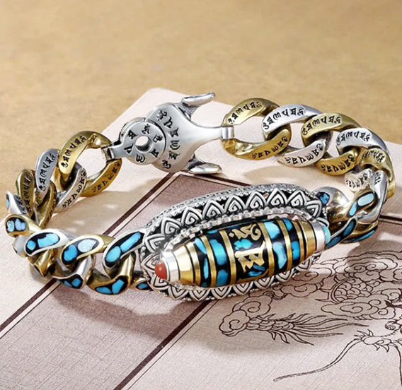 RYNX | Nine-Eye-Dzi-Bracelet With Mantra With Six Characters In Turquoise Style 2