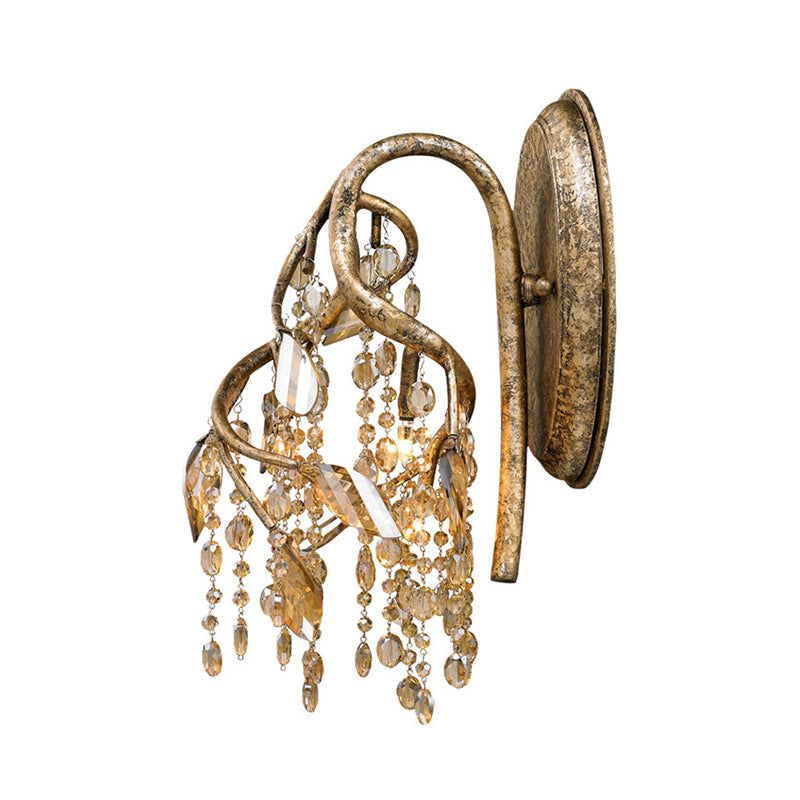 Rynx | Branching Wall-Mounted Lighting Vintage Metal 1 Bulb Brass Finish Wall Light with Amber Crystal Bead Accent