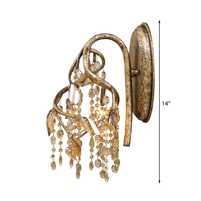 Rynx | Branching Wall-Mounted Lighting Vintage Metal 1 Bulb Brass Finish Wall Light with Amber Crystal Bead Accent