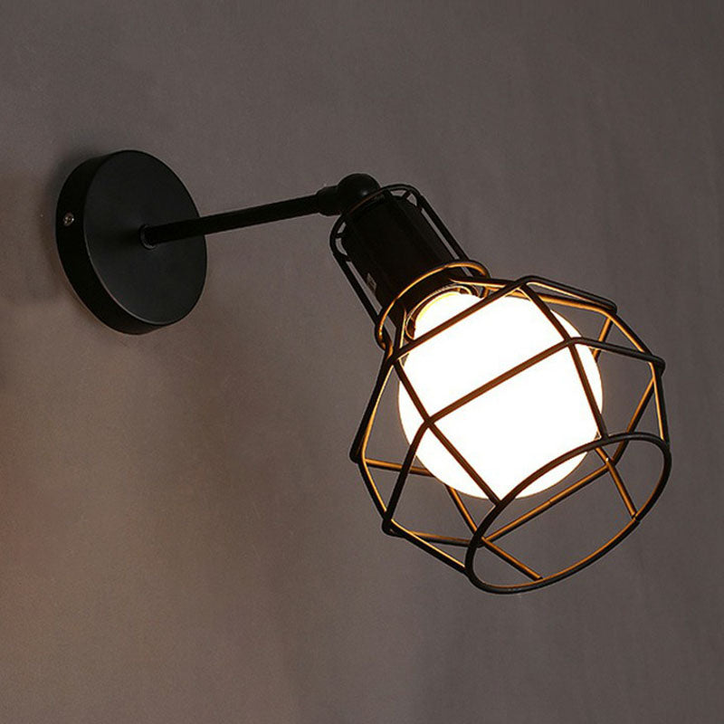 Rynx | Iron Cage Wall Light Retro Style 1 Head Living Room Wall Lighting Lamp in Black