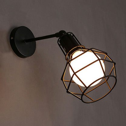 Rynx | Iron Cage Wall Light Retro Style 1 Head Living Room Wall Lighting Lamp in Black