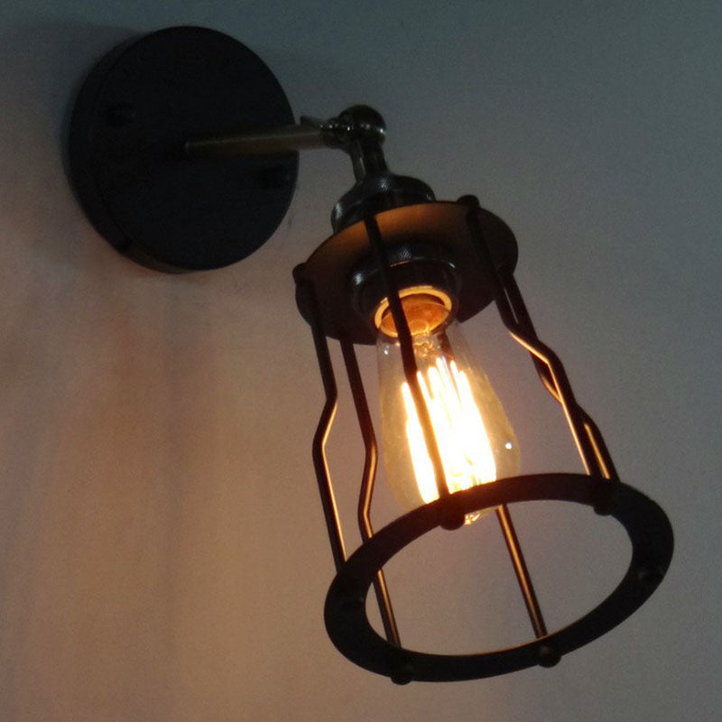 Rynx | Iron Cage Wall Light Retro Style 1 Head Living Room Wall Lighting Lamp in Black