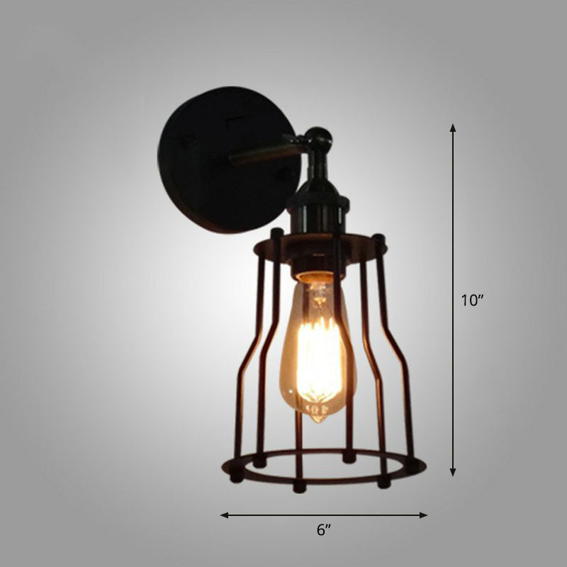 Rynx | Iron Cage Wall Light Retro Style 1 Head Living Room Wall Lighting Lamp in Black
