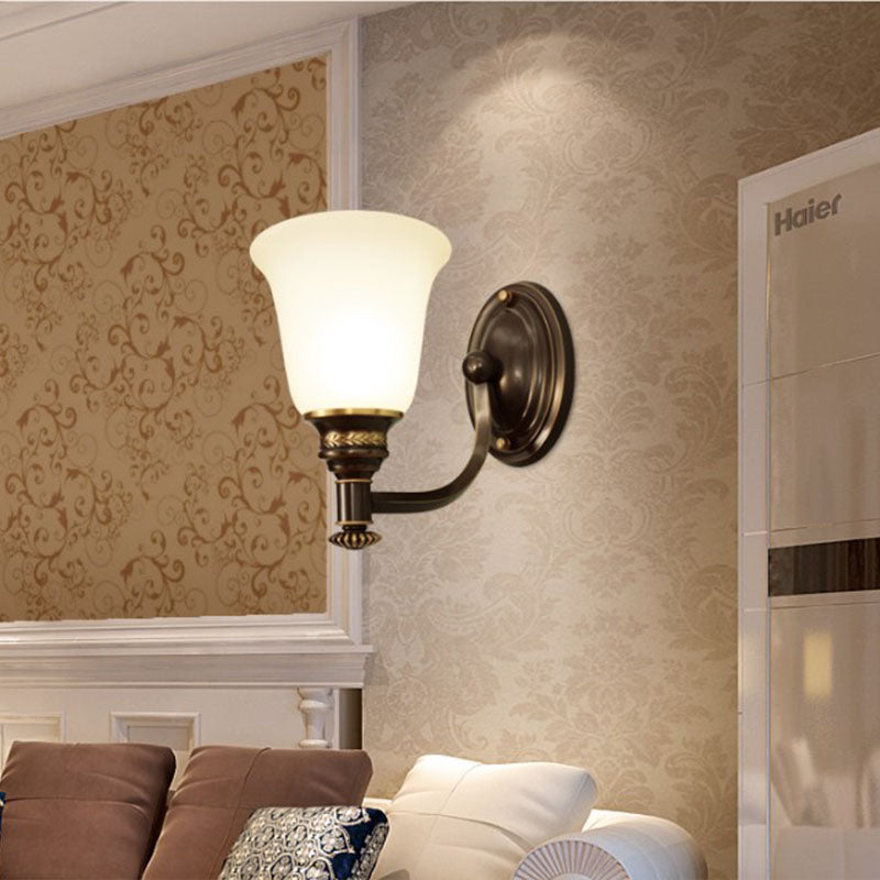 Rynx | Retro Flared Wall Light 1/2-Light White Glass Wall-Mounted Lamp with Metal Curved Arm in Black-Gold