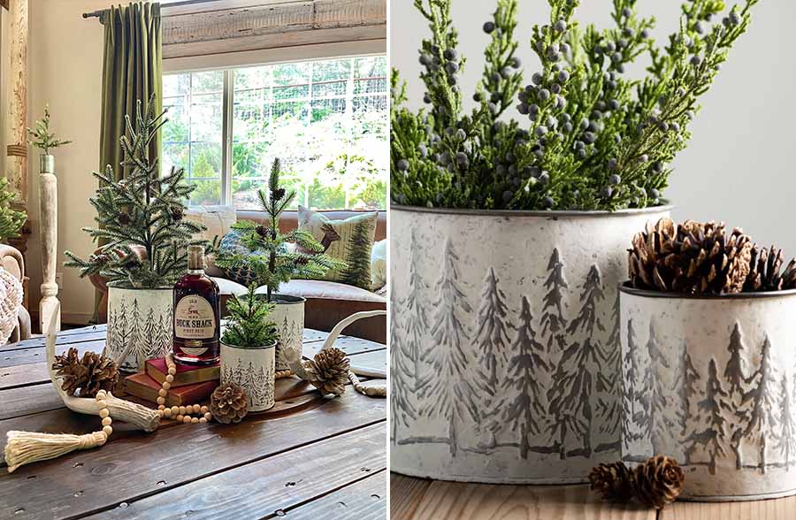 Rynx | Embossed Metal Snow-Covered Tree Planters, Set of 3