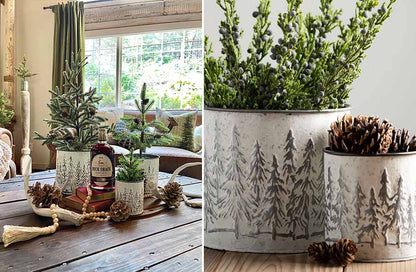 Rynx | Embossed Metal Snow-Covered Tree Planters, Set of 3