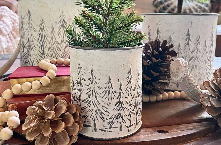 Rynx | Embossed Metal Snow-Covered Tree Planters, Set of 3