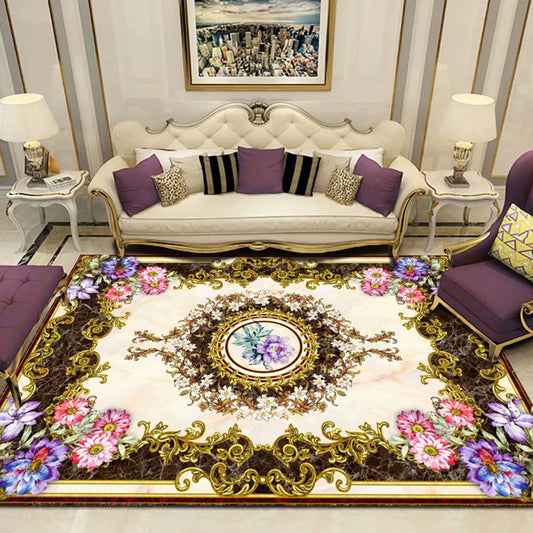 Rynx | Vintage Living Room Carpet Multicolored Floral Pattern Carpet Polyester Low Maintenance Non-Slip Back Indoor Carpet