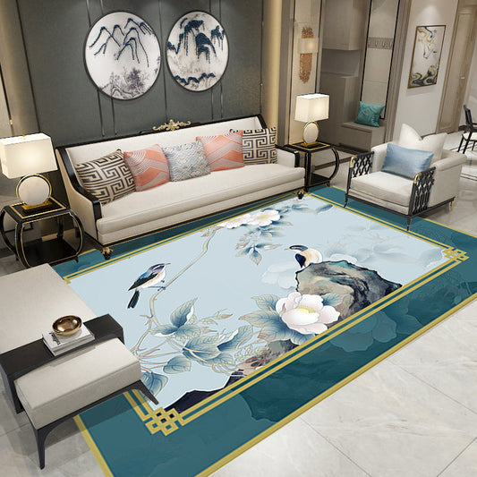 Rynx | Oriental Home Rug Multi Colored Ink Painting Flower Rug Polyester Washable Non-Slip Pet-Friendly Rug
