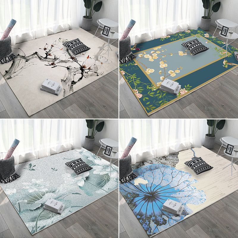 Rynx | Oriental Home Rug Multi Colored Ink Painting Flower Rug Polyester Washable Non-Slip Pet-Friendly Rug