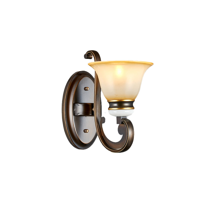 Rynx | 1/2-Light Bell Wall Lamp Antique Style Black Frosted Glass Wall Light with Curved Arm for Bedroom