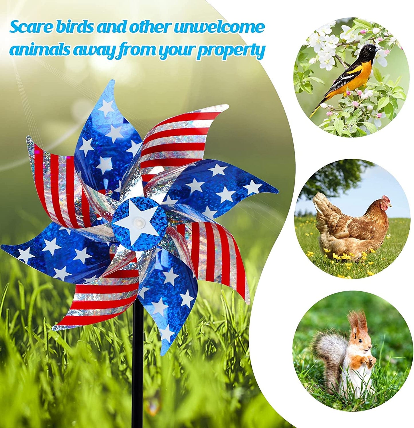 Rynx | 10 Pack Reflective Windmills Patriotic Decorations, American Flag on Stick Wind Spinner with Support for Independence Day, Memorial Day July 4th Party Supplies, Scare Birds Repellent Devices